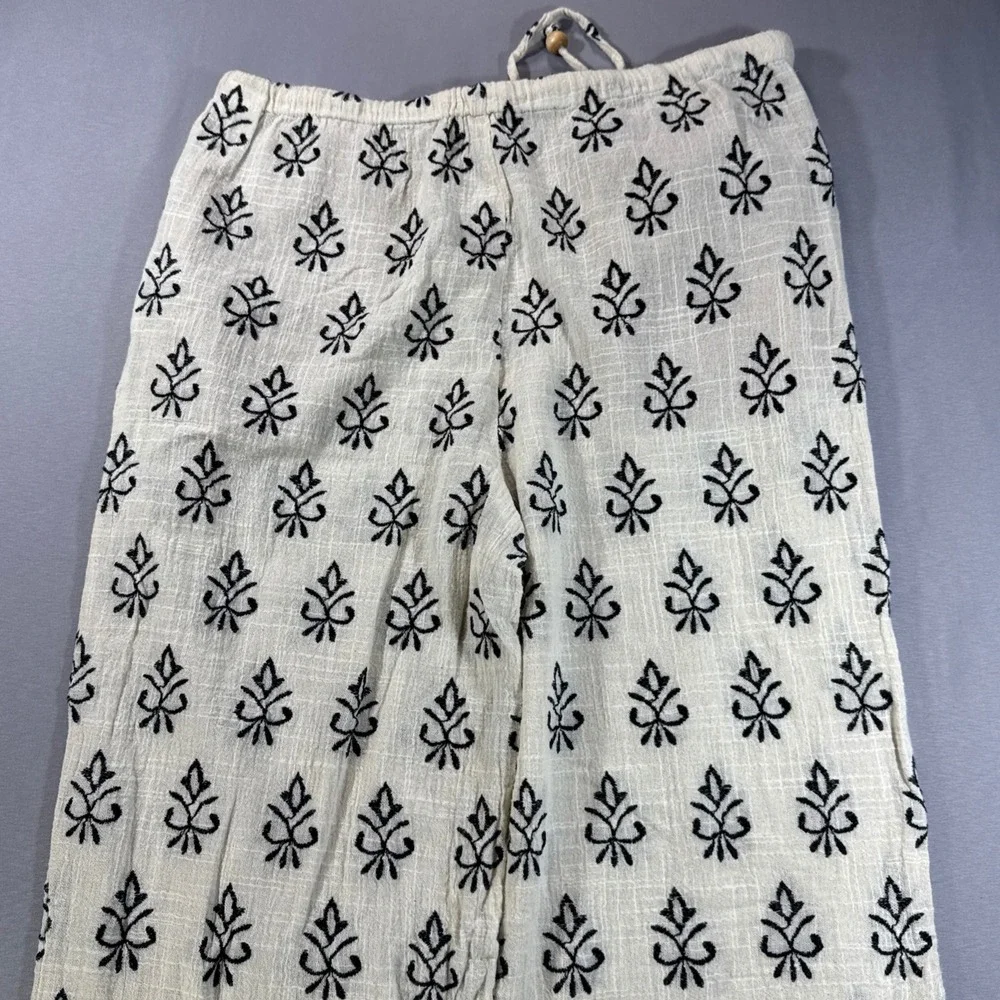 ZARA Women L Cotton Blend Wide Leg Boho Pants Embroidered Floral Cream Black L